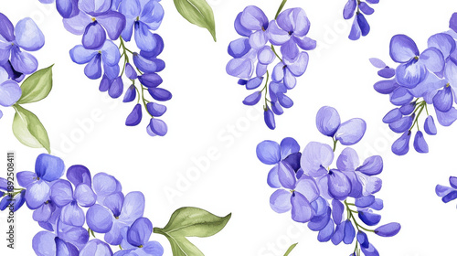 Seamless pattern with purple wisteria flowers, green leaves, watercolor style, floral design, spring botanical background, elegant and calming for fabric or wallpaper