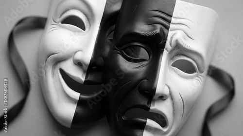Close-up cinematic framing of two theatrical masks, one happy, one sad, symbolizing dual emotions and the art of performance