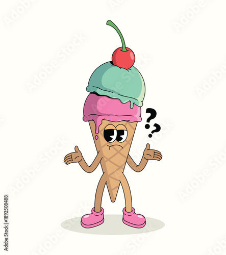 colorful ice cream cone confused groovy cartoon illustration