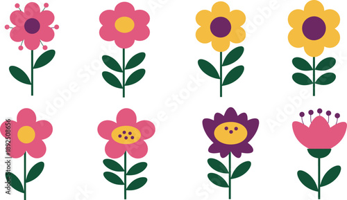 Colorful cartoon flowers in pink yellow and purple hues