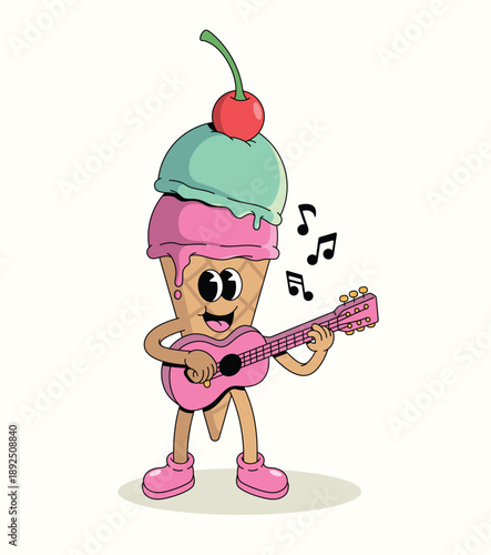 colorful ice cream cone guitar groovy cartoon illustration