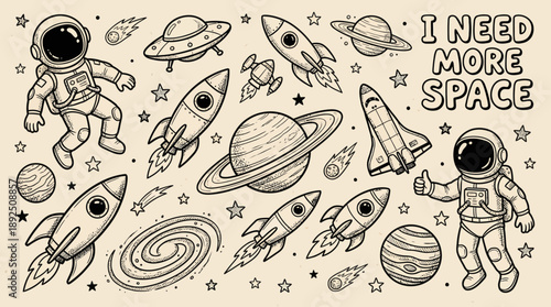 Playful hand-drawn space doodle illustration featuring astronauts, rockets, planets, UFOs, galaxies and stars