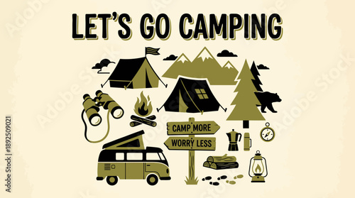 Let's Go Camping: Retro outdoor adventure illustration with tents, a camper van, bicycles, campfire, pine trees, and signposts