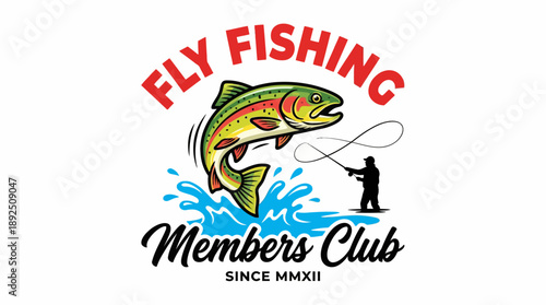 Fly Fishing Members Club logo featuring a jumping trout, splash of water, and a fishing rod silhouette