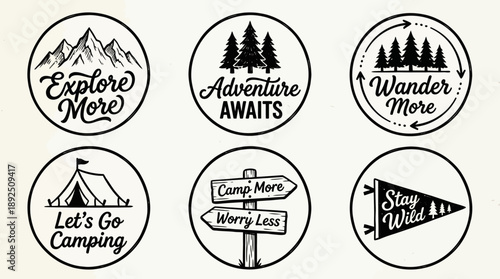 Six circular badge illustrations with mountain and pine forest motifs, featuring motivational outdoor quotes such as Explore More, Adventure Awaits, Wander More, Lets Go Hiking, Camp More, Stay Wild