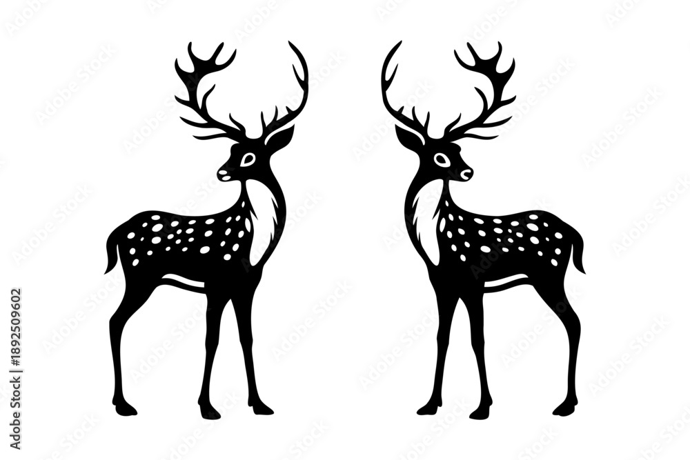 Naklejka premium Two black and white spotted deer with antlers, flat vector illustration design isolated on a white background
