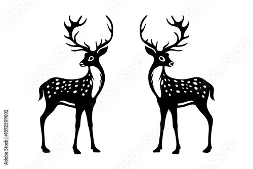 Two black and white spotted deer with antlers, flat vector illustration design isolated on a white background
