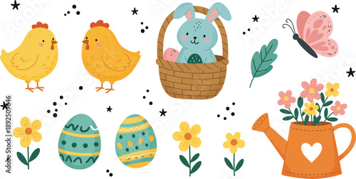 Cute cartoon illustration of colorful Easter eggs and spring flowers with baby chicks celebrating Easter holiday