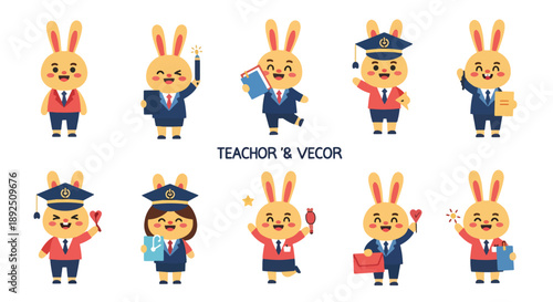 Cartoon Rabbit Teacher Vector Set