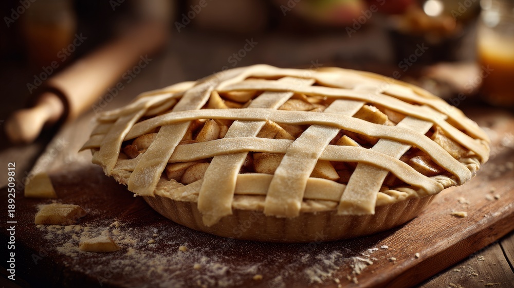 Obraz premium Close-up of a freshly baked, lattice-topped fruit pie on a wooden board, with a rolling pin and ingredients blurred in background