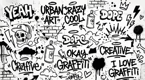Dynamic black-and-white graffiti collage with spray cans, skull motifs, doodled icons, and bold handwritten lettering, capturing urban street art energy.