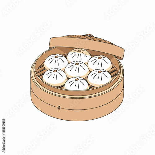 Fresh Steamed Buns in Traditional Bamboo Steamer Basket Illustration