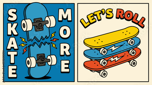 Two retro-inspired skate posters featuring a rider on a skateboard and a stack of colorful decks with the slogans 'Skate More' and 'Let's Roll' for wall art decor.