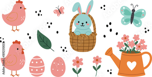 Easter decorations with chickens eggs flowers butterflies and bunny