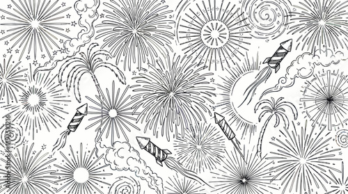 Monochrome abstract firework and mandala pattern background with radial bursts and intricate line art for graphic design.