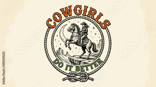 Vintage-style circular emblem featuring a cowgirl on a rearing horse with the text COWGIRLS DO IT BETTER