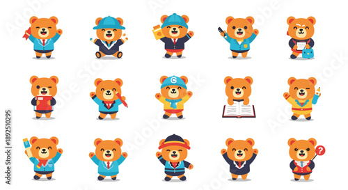 Set of Cartoon Bear Characters in Various Professions