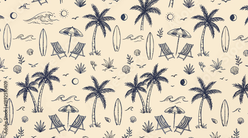 Seamless tropical beach pattern featuring palm trees, surfboards, and sun loungers under umbrellas on a beige background