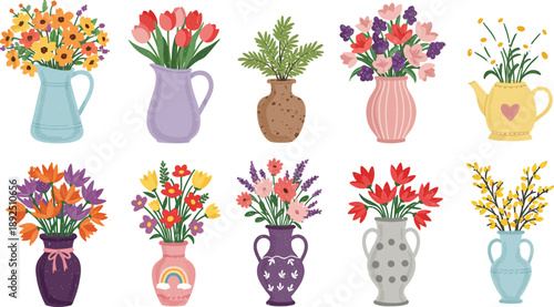 Colorful bouquets of flowers in various vases on white background