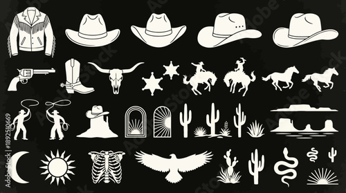 Western Cowboy and Southwest Icon Set: Hats, Horses, Cacti, Archways, Sun and Moon, Eagles, Riders, and Silhouettes in a Minimalist Black and White Design