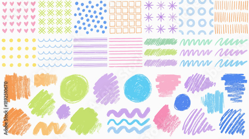 Colorful doodle textures and brushes with scribbles, circles, waves and swatches in pastel and bright colors for designers and creators