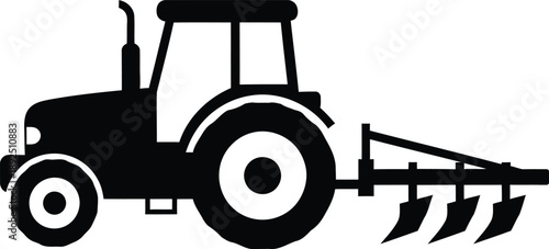 Tractor silhouette isolated on transparent background with plow attachment