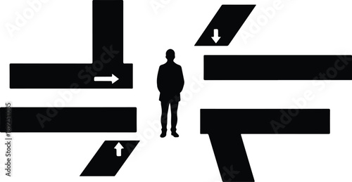 Man standing at crossroads with multiple direction arrows