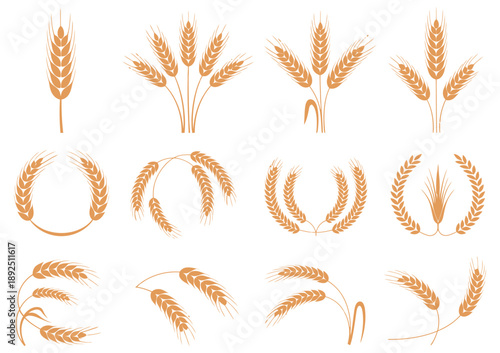 Wheat icons set, wheat grain ear wreath organic bread agriculture natural food rice isolated white background vector silhouette illustration design elements collection