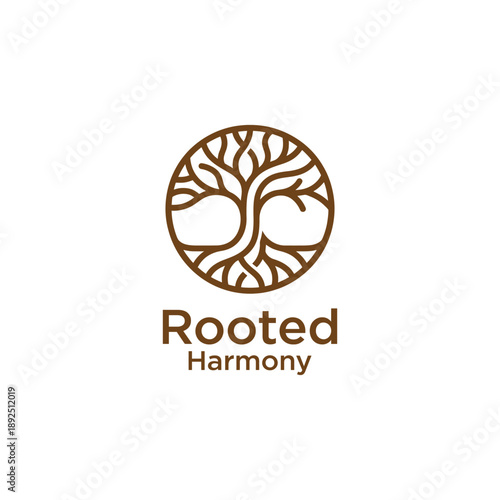 Organic tree of life with deep roots circular icon logo for environmental conservation or wellness yoga brand identity for Rooted Harmony
