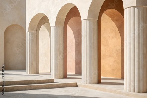 Ambiguous Architectural Arches in Warm Sunlight, Minimalist Aesthetic