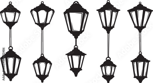 Black street lamps on white background in illustration style