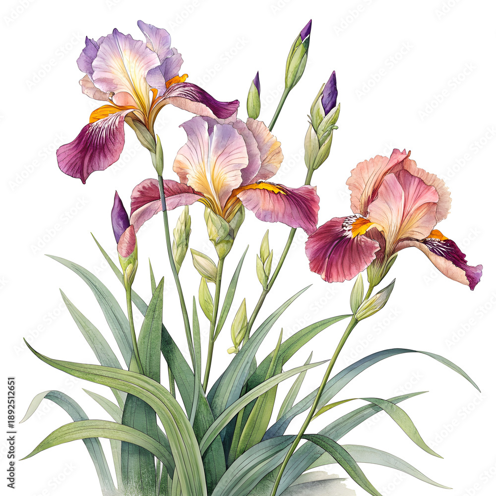 Fototapeta premium A botanical illustration of an iris bush, isolated on a clean white background for easy use in design projects.