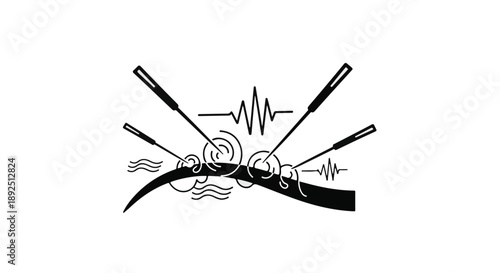 Dynamic illustration of crossed oars with energetic wave and heartbeat lines
