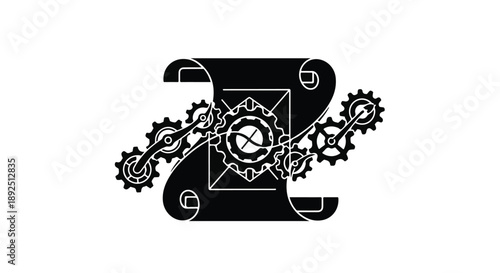 Intricate mechanical design with gears and cogs on black background