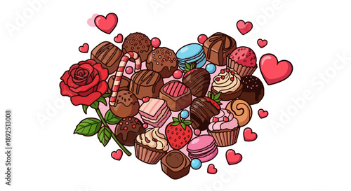 Assorted sweet treats and desserts with rose and hearts in a heartwarming illustration of love and indulgence from a top view