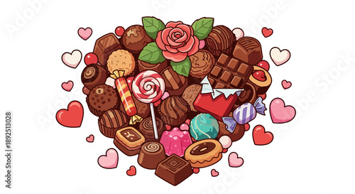 Assorted chocolates and sweets arranged in a heart shape with rose and lollipop, 9.eps style illustration