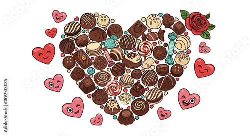 Assorted chocolates and sweets arranged in a heart shape with decorative hearts and rose illustration.