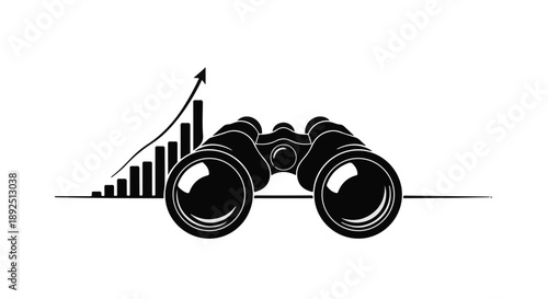 Binoculars focused on rising business graph with arrow