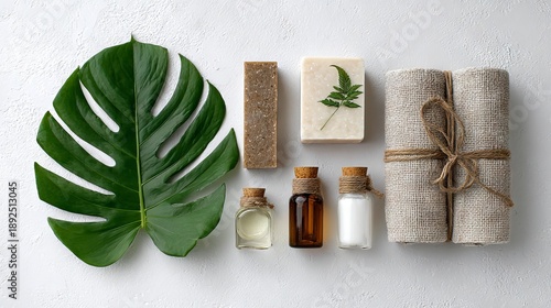 A spa-like flat lay features natural skincare items leaf, soaps, oils, salts, rolled towels tied with twine, all on a textured white surface