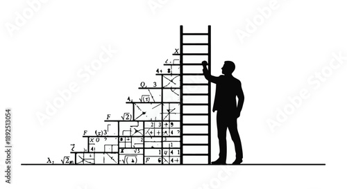 Silhouette of man climbing ladder to success in architectural blueprint background