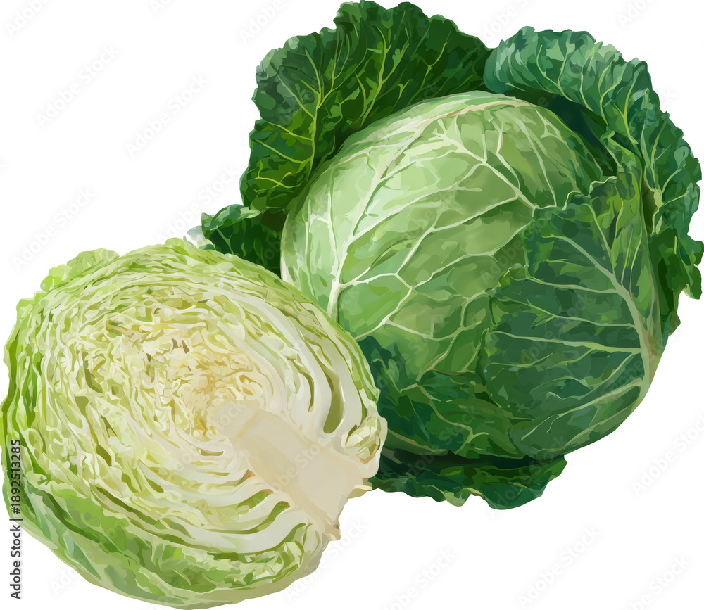 Obraz premium Fresh Green Cabbage with Half Section Displaying Crisp Leaves and Texture