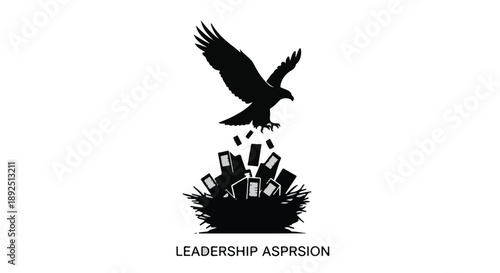 Silhouette of eagle flying over nest with business leadership aspiration