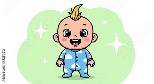 A smiling baby boy stands in a cloud with sparkles around him wearing blue clothes with a mohawk hairstyle in a playful scene