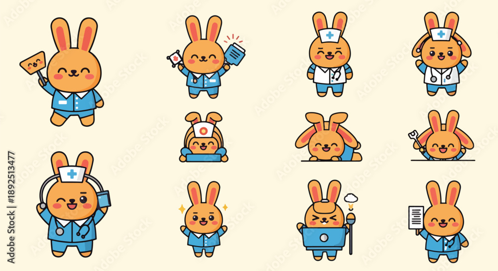 Fototapeta premium Cute Rabbit Doctor Cartoon Set