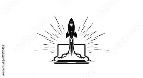 Rocket ship launching from laptop computer screen