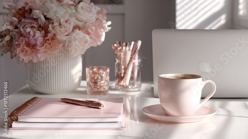 A serene desk scene featuring a bouquet, coffee, notebook, pen, and laptop, bathed in soft light