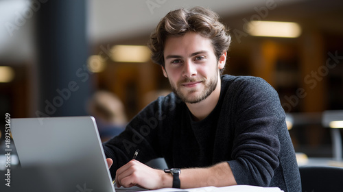 Confident young male student working on laptop in traditional university library, academic research online, educational technology, digital learning resources, scholarly study environment,