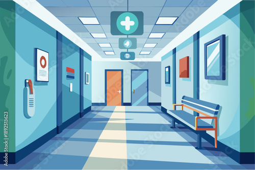 Flat vector illustration of a modern hospital hallway interior with doors, benches, medical signs, ceiling lights and blue color scheme in a clean clinical environment