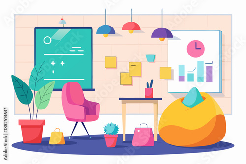 Flat vector illustration of a modern creative office or coworking space with bean bag, desk, charts, plants and colorful decor elements in a relaxed work environment