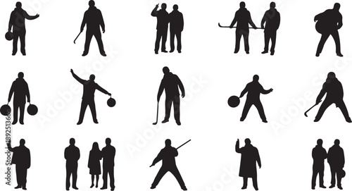 Collection of black silhouettes of people playing sports together